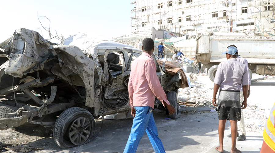 At least 10 people were killed and 26 others injured in two car bomb blasts in Mogadishu, police said on Saturday. (Xinhua/Hassan)