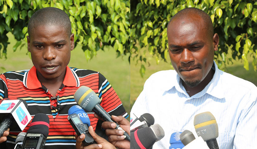 Samuel Nizeyimana, 25 (left), and Jean-Baptiste Niyomucunguzi, 29, address journalists in Kigali on Tuesday two days after they returned from Uganda where they served a one-year jail term each over u201cillegal entryu201d. Craish Bahizi.