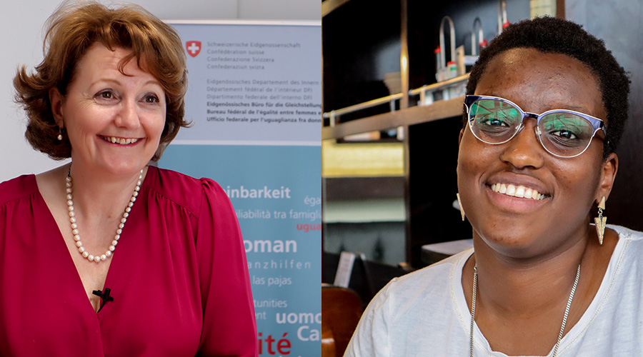 Sylvie Durrer (L), the director for Federal Office for Gender Equality, during an interview in Bern; and DJ Isabella during an interview in Fribourg, Switzerland. / Faustin Niyigena