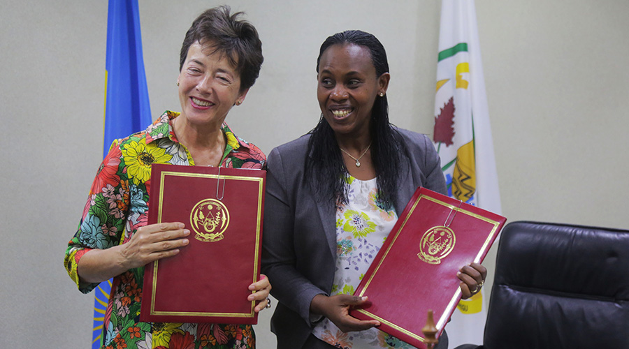 State Minister for Economic Planning Claudine Uwera, and Dutch ambassador to Rwanda Frederique de Man pose for a photo after signing the agreement in Kigali yesterday. / Sam Ngendahimana