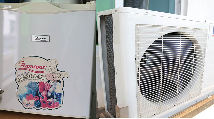 A collage of a refrigerator and an outdoor air conditioner. Under the new facility, a person or institution will be able to secure a loan from a commercial bank to buy eco-friendly air conditioners or refrigerators with BDFu2019s fund serving as guarantor. / Sam Ngendahimana