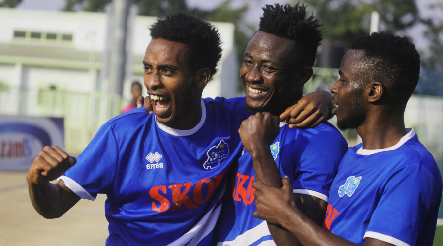 Rayon Sports striker Jules Ulimwengu (C) scored four sensational goals in the second-half during his sideu2019s 7-1 victory over Gicumbi at Kigali Stadium on Thursday. / Sam Ngendahimana