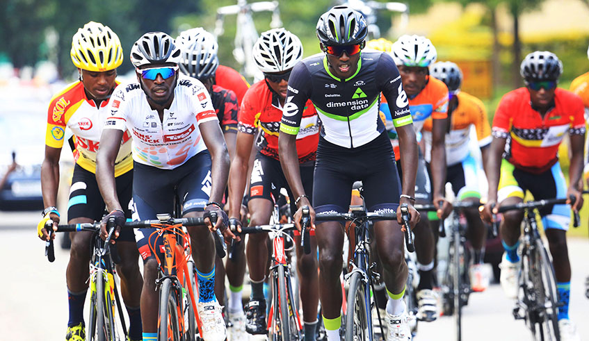 Sanuel Mugisha is seen here leading the peloton during the 2017 national championships. Sam Ngendahimana.