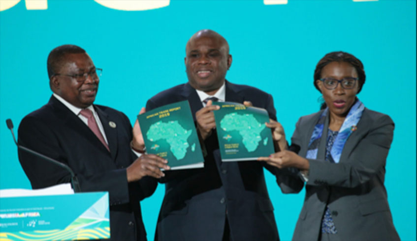 The President of Afreximbank, Prof. Benedict Oramah (centre), and other officials at  the launch of The African Trade Report 2019 in Moscow. Net photo.