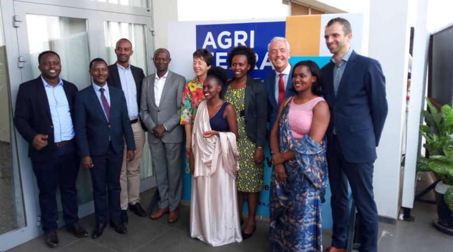 R-L: Jasper Spikker, the Agriterra Rwanda country representative, Cees Van Rij (red tie) the Agriterra Manager in charge of agri advice, NAEB Deputy CEO Sandrine Urugeni, Ambassador of Netherlands to Rwanda Frederique de Man, Mr. Justus Kangwagye, Head of Political Parties and Civil Society Department in RGB and Mr. James Nkubito, the Director of Planning and Cooperative Promotion in RCA at the launch.