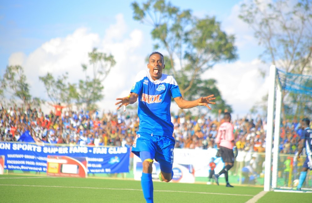 Eric Rutanga, seen here celebrating after scoring against Police in a past league match, joined Rayon Sports from APR in 2016 and helped the club to two league titles. / Courtesy