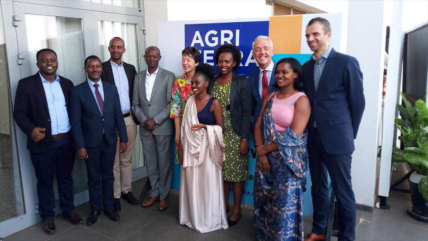 A group photo of Agriterra's official at its launch on 18th June. Right to left,( Jasper Skipper, Agriterra, Rwanda Country representative, Agriterra's Manager in charge of agri advice Cees Van Rij(in red tie), Sandrine Urugeni,(NAEB Deputy CEO) and Frederique de Man the Netherlands Ambassador to Rwanda. /James Peter Nkurunziza.