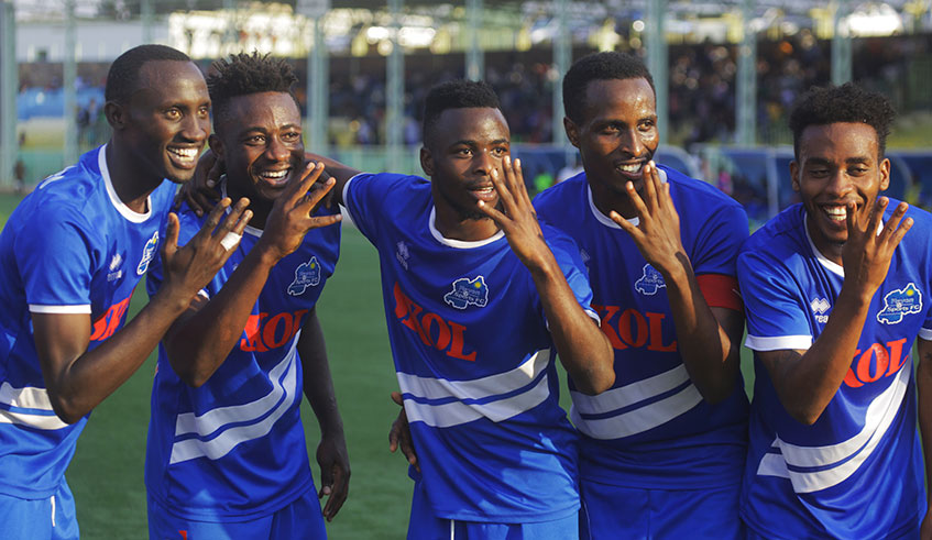 Rayon Sports players celebrate their victory over Gicumbi FC at Kigali Stadium earlier this month. Sam Ngendahimana.