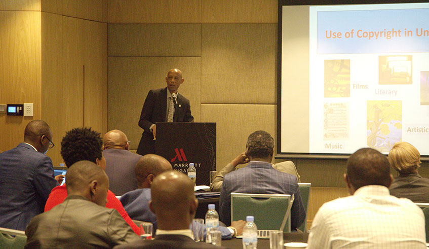 Senior Lecturer of Medicine and Pharmacy at University of Rwanda Emile Bienvenu at a past meeting on Intellectual Property in Kigali  on June 24. Craish Bahizi.