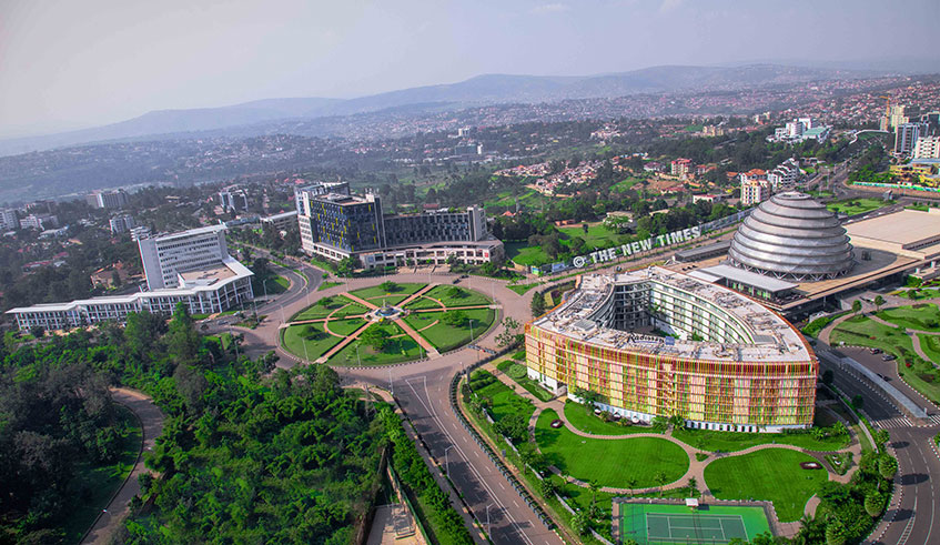 An aerial view of (clockwise) new-look KBC, Kigali Heights, Kigali Convention Centre, and Radisson Blu Hotel in Kimihurura.  Officials at the City Hall yesterday pitched investment opportunities in Kigali to the business community. Emmanuel Kwizera.