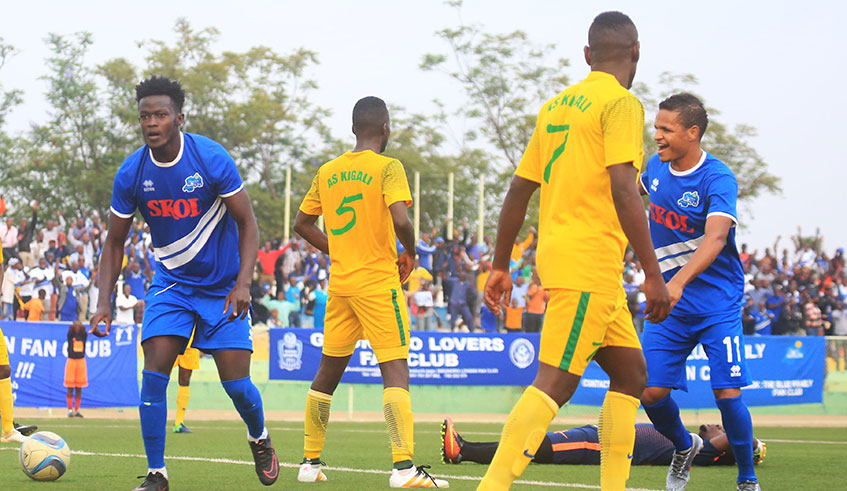 Centre-back Ange Mutsinzi (L) runs to celebrate after scoring a last minute stunner against AS Kigali in the first-leg of the two sidesu2019 first round tie earlier this month. Sam Ngendahimana.