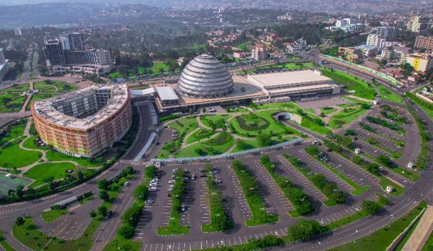 An aerial view of Kigali Convention Centre and  its environs in Kimihurura. The World Bank says Rwandau2019s debt status  remains in low risk  distress zone.  / Emmanuel Kwizera.