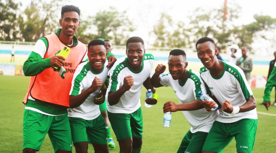 SC Kiyovu players celebrate after beating Police 2-0 at Kigali Stadium on Thursday to take a considerable advantage from semi-final first leg of the 2019 Peace Cup tournament. / Sam Ngendahimana