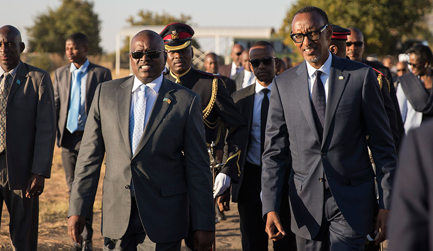 Presidents Kagame and his Botswana counterpart, Mokgweetsi Eric Keabetswe Masisi, in Gaborone yesterday. The two heads of state agreed to deepen ties between both countries in the interest of their respective citizens.  Village Urugwiro.