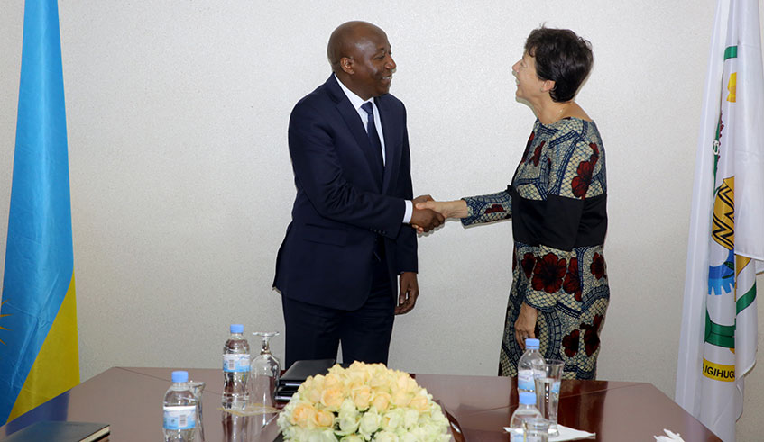 Fru00e9du00e9rique de Man, the outgoing Dutch Ambassador to Rwanda (R) bids farewell to Prime Minister Edouard Ngirente at the Prime Minister's Office in Kigali, Friday, June 28, 2019 (Courtesy)