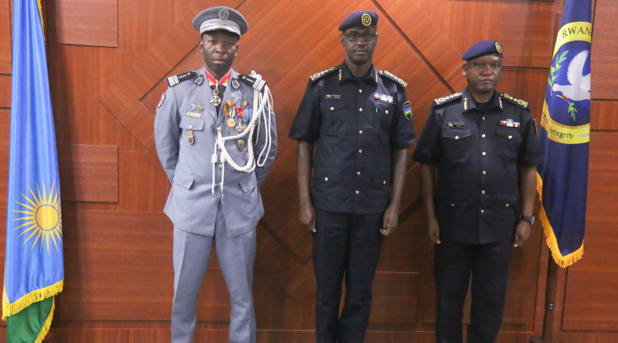 Col. Bienvenu Zokoue, Director General CAR Police, IGP Dan Munyuza and DIGP-Administration and Personnel, Juvenal Marizamunda in a group photo.