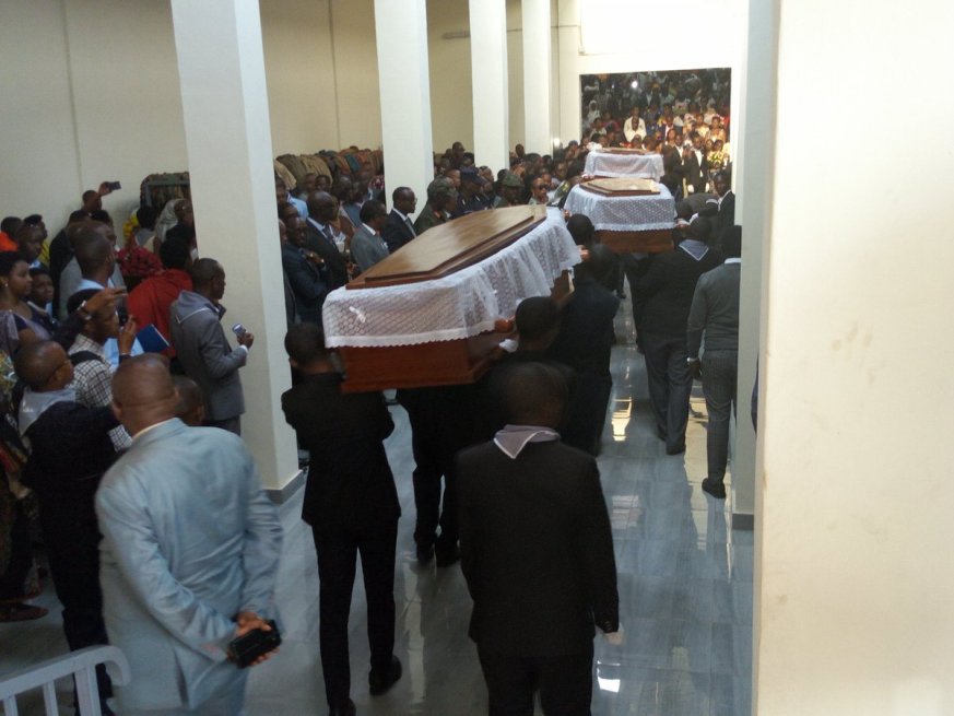 Pallbearers carry coffins containing remains of the victims of the 1994 genocide against the Tutsi to give them a decent burial at Gatwaro Genocide Memorial in Karongi, July 1, 2019 (Courtesy)