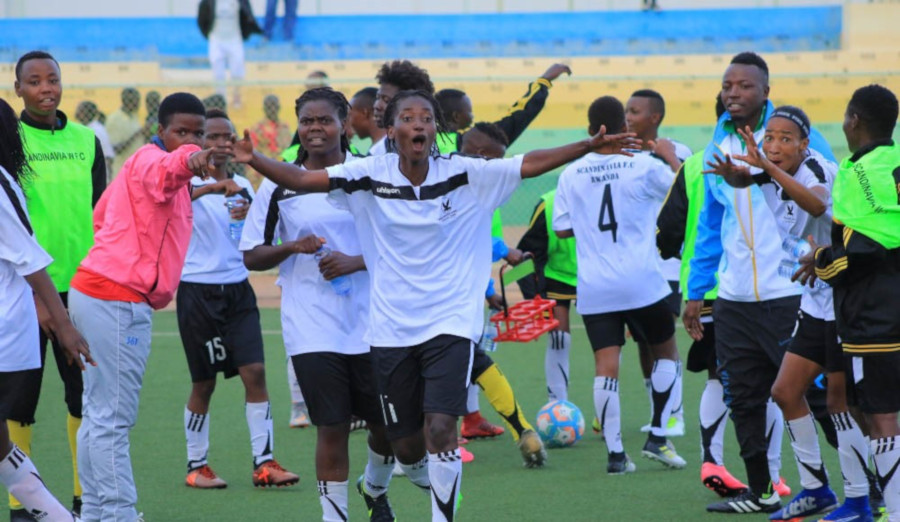 Scandinavia players celebrate after beating AS Kigali women football club in a past league match at Kigali Stadium. / File