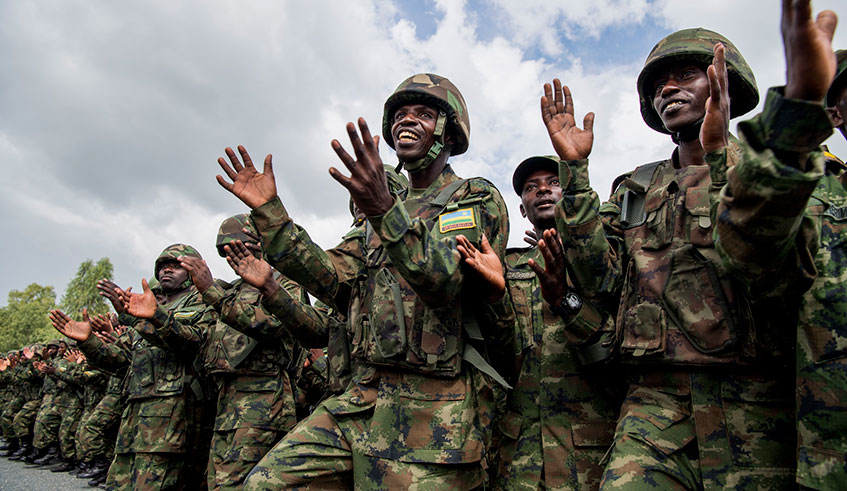 Members of Rwanda Defence Force in a morale boosting session during the Field Training Exercise at the RDF Combat Training Centre, Gabiro in 2017. /Urugwiro Village.