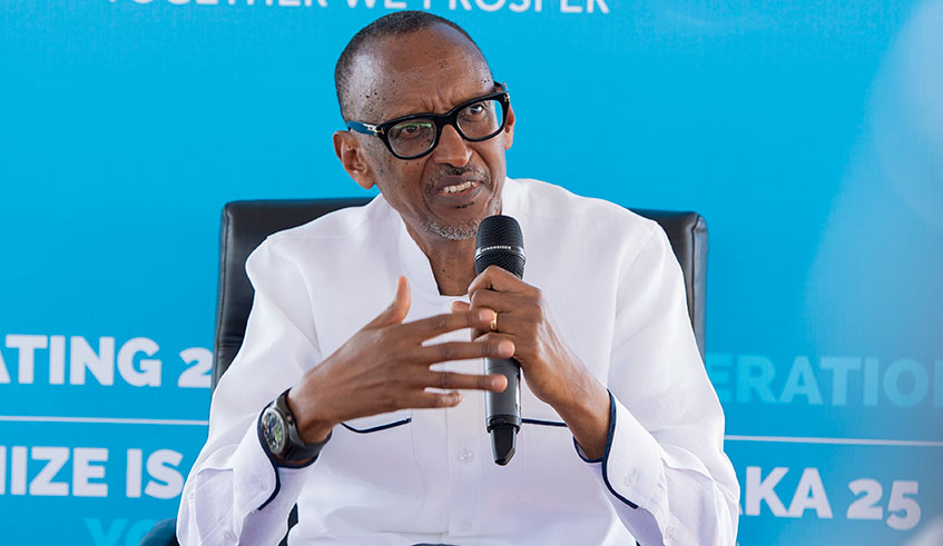 President Kagame speaks during the news conference at the Parliamentary Buildings in Kimihurura yesterday. The President has warned Rwandans against being complacent because of past accomplishments. Village Urugwiro. 