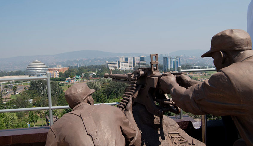A monument at the Campaign Against the Genocide Museum at Parliament. The monument signifies the exceptional acts of bravery by RPA soldiers who stopped the Genocide against the Tutsi and liberated the country. /Urugwiro Village