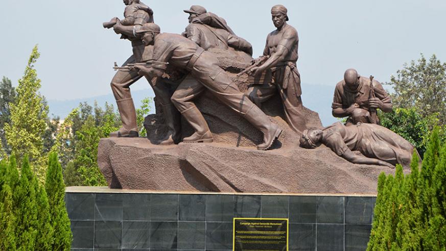 A monument at the Parliamentary Buildings in Kimihurura that depicts rescue missions carried out by the Rwanda Patriotic Army soldiers during the Liberation war. (File) (File)