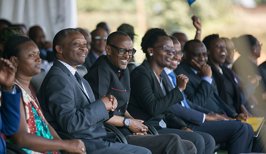 President Kagame and other officials at the inauguration of Karama Integrated Model Village in Nyarugenge District yesterday. Village Urugwiro. 