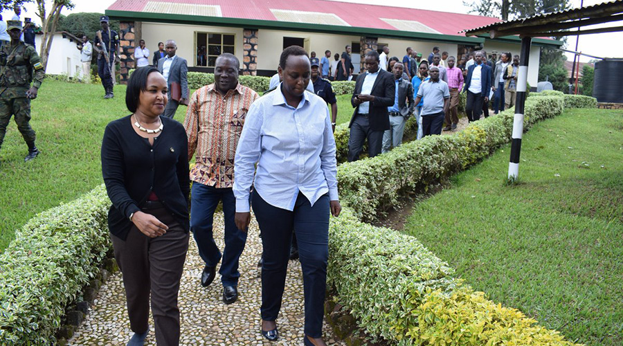 The Minister for Youth Rosemary Mbabazi (left) the Deputy Director General of Imbuto Foundation, Geraldine Umutesi (right), and Northern Province governor Jean Marie Vianney Gatabazi (centre) and other officials during a visit to the national liberation museum, known as u201cU Murindi wu2019Intwariu201d in Gicumbi District, last week. / Courtesy
