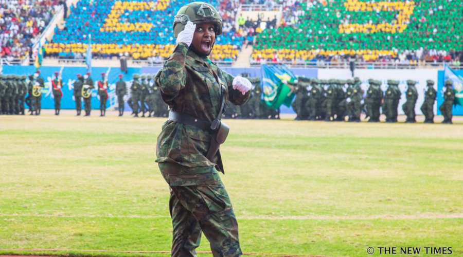 A female RDF officer shouts instructions during military parade at the Kwibohora25 celebrations at Amahoro National Stadium in Kigali yesterday. / Emmanuel Kwizera