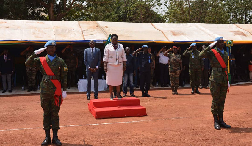 CAR Defence minister Marie Noelle Koyara (centre) is received for the Kwibohora25 celebrations in Bangui on Thursday. Courtesy.