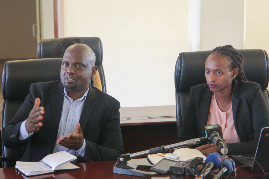 Judicial Spokesperson Harrison Mutabazi and Head of Information Technology Niceson Karungi during the press conference at MINIJUST on July 11, 2019. / Craish Bahizi