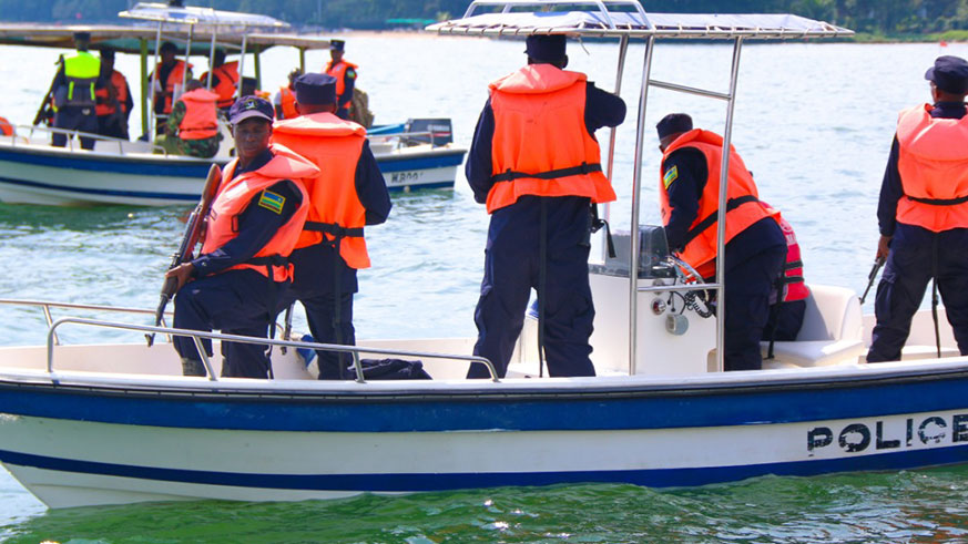 Police officers go through drills at the two-month maritime operations training on Lake Kivu.