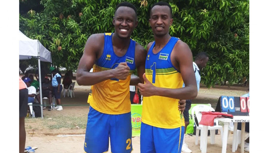 National Beach Volleyball players Patrick Kavalo Akumuntu (L) and Olivier Ntagengwa will represent the country in menu2019s category. File.