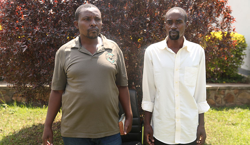 Jean Damascene Baziruwiha, 47 (left), and Bernard Rwagasore, 42, returned to Rwanda from Uganda on Sunday. Emmanuel Kwizera.