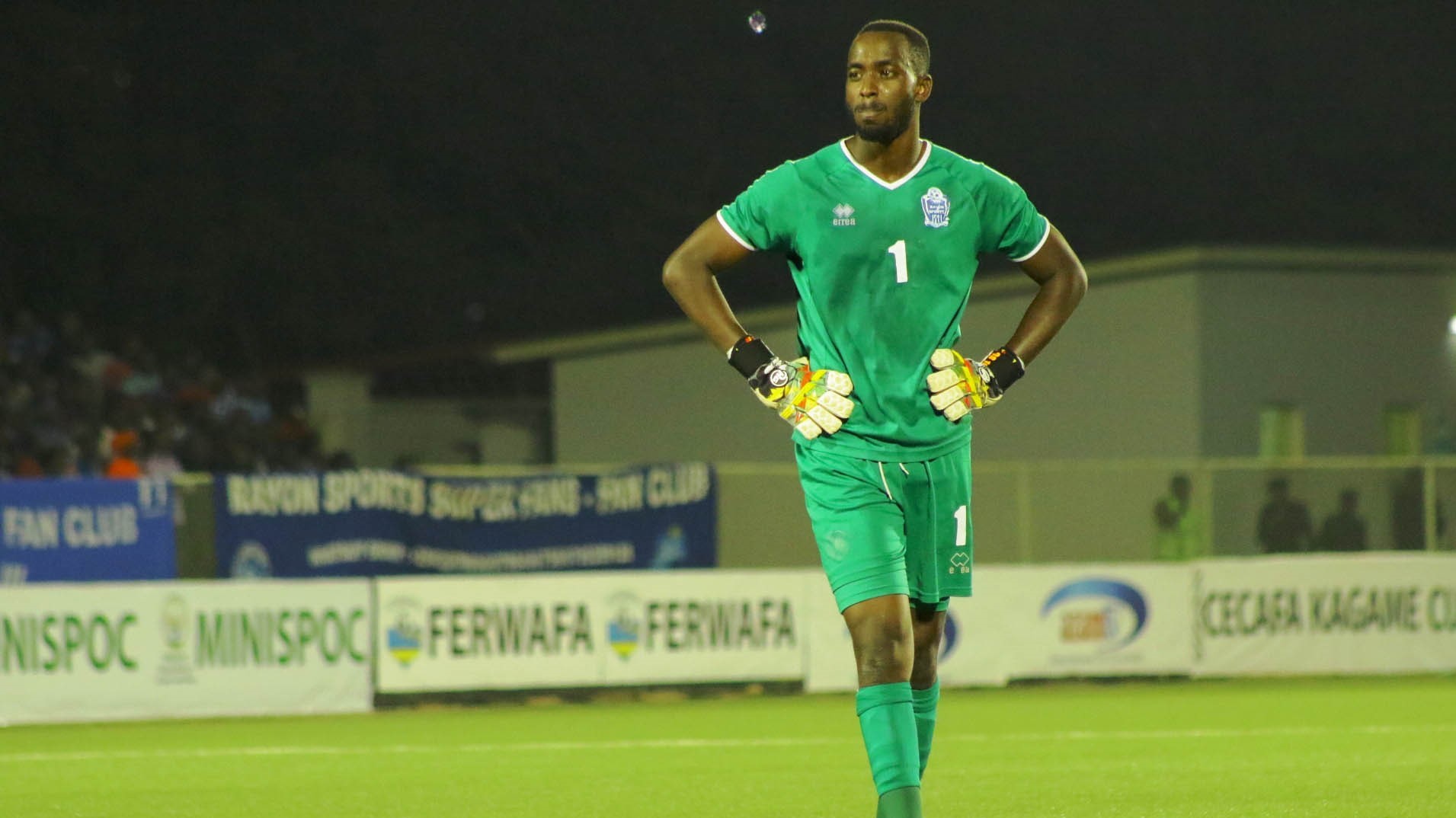 Rayon Sports goalkeeper Yves Kimenyi looks dejected after conceding a goal against KCCA on Wednesday. The latter beat the Rwandan champions 2-1 to progress to semi-finals where they face Green Eagles, of Zambia, on Friday. / Courtesy