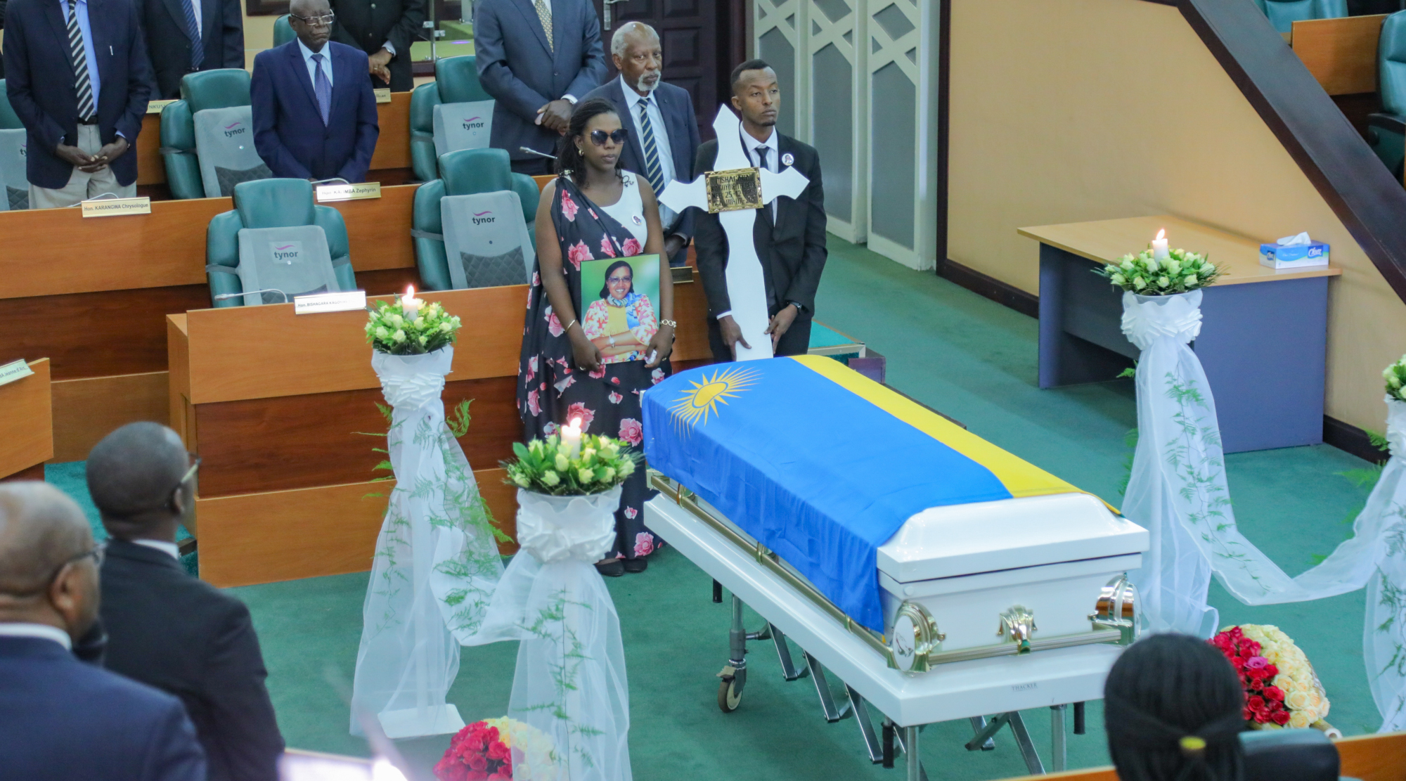 The casket containing the remains of the late Senator Thu00e9ru00e8se Bishagara Kagoyire at the Parliamentary Buildings, Kimihurura yesterday. Her body lay in state in the Senate plenary hall where leaders paid tribute to the former educationalist and politician, who passed away last week at a US hospital. She was later Friday laid to rest at Rusororo public cemetery in Gasabo District following a Requiem Mass at Regina Pacis Catholic Church Remera. / Emmanuel Kwizera