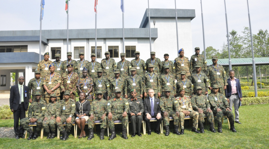 Participants of the United Nations (UN) Military Expert on Mission course pose for a group photo at Rwanda Peace Academy premises in Musanze District. / Ru00e9gis Umurengezi