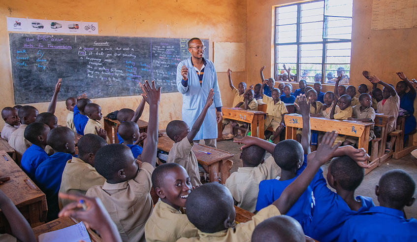 A teacher conducts a lesson in one of Nyamasheke primary school. Emmanuel Kwizera
