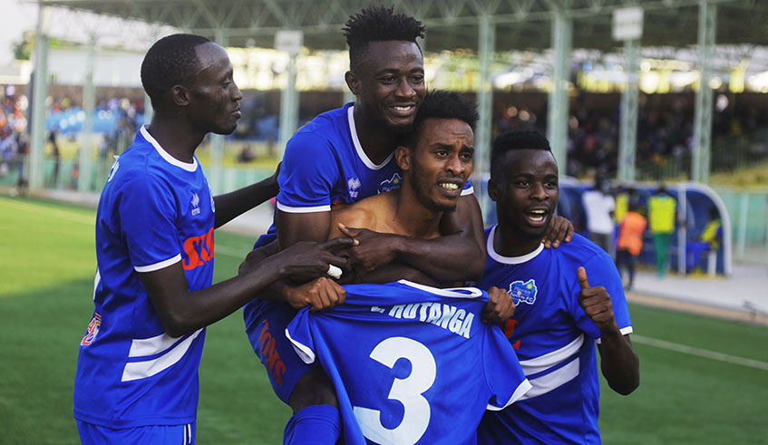 Eric Rutanga (C) celebrates with Rayon Sports teammates after scoring against Gicumbi in a past league match at Kigali Stadium. Sam Ngendahimana.
