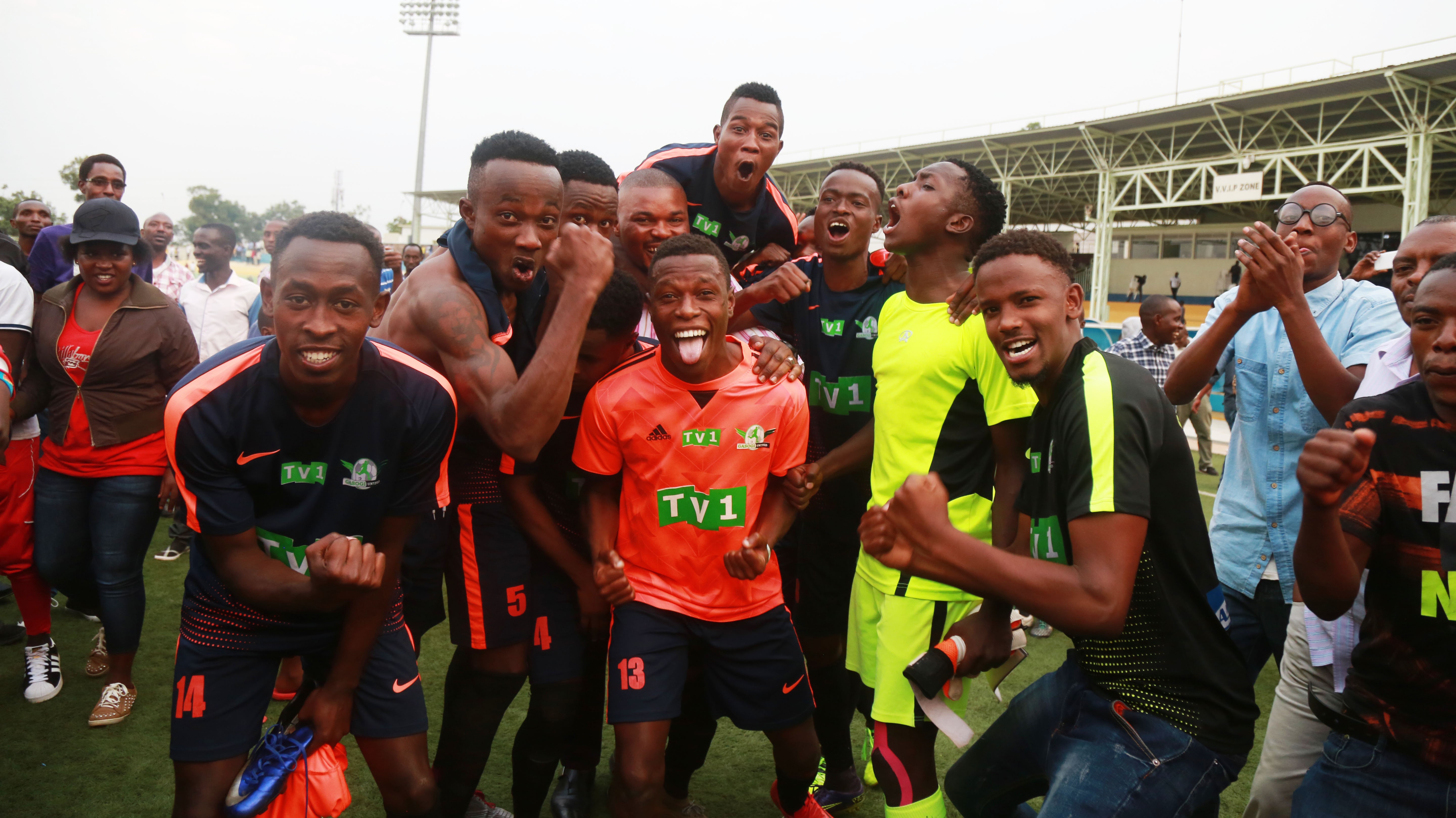 Gasogi United players celebrate after securing their promotion at Kigali Stadium on Wednesday. / Sam Ngendahimana