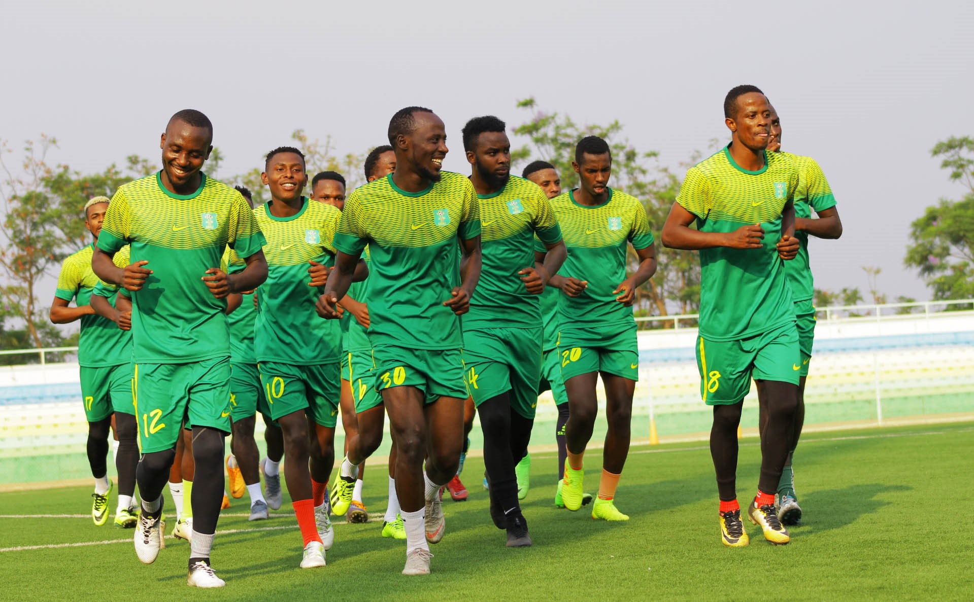 Skipper Tumaine u2018Tityu2019 Ntamuhanga (#12), Eric Nsabimana (#30) and new signing Haruna Niyonzima (#8) were part of the teamu2019s first training session at Kigali Stadium on Wednesday. / Saddam Mihigo