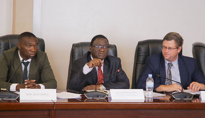 Visiting Zimbabwean parliamentarians (L-R) Royi Bhira, Kindness Paradza, and Joshua Sacco at the Parliamentary Buildings in Kimihurura, Kigali, yesterday. They are part of a delegation on study tour in Rwanda, which includes learning how Rwanda Development Board operates. Emmanuel Kwizera.