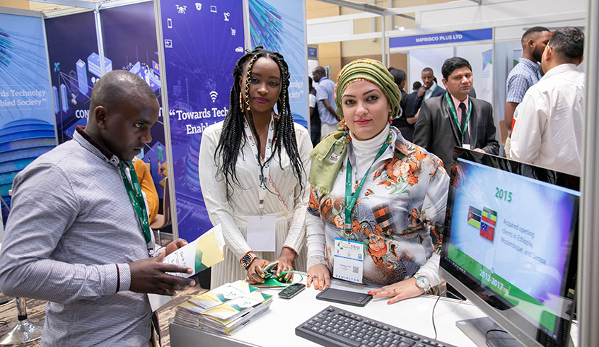 Exhibitors at the India-Africa ICT Expo that is underway at Kigali Convention Centre on Monday. Leaders yesterday challenged policy-making institutions to be proactive to properly harness digital technologies and leverage these unprecedented benefits in the interest of both peoples.  Emmanuel Kwizera.
