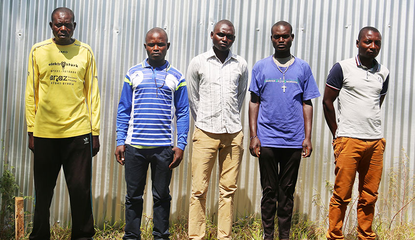 Rwandans deported from Uganda this past weekend, L-R: Jean Paul Dusabimana, Philipe Barihoreye, Jean Damascene Nizeyimana, Innocent Ngaruwenimana and Jean du2019Amour Nizeyimana. Courtesy.