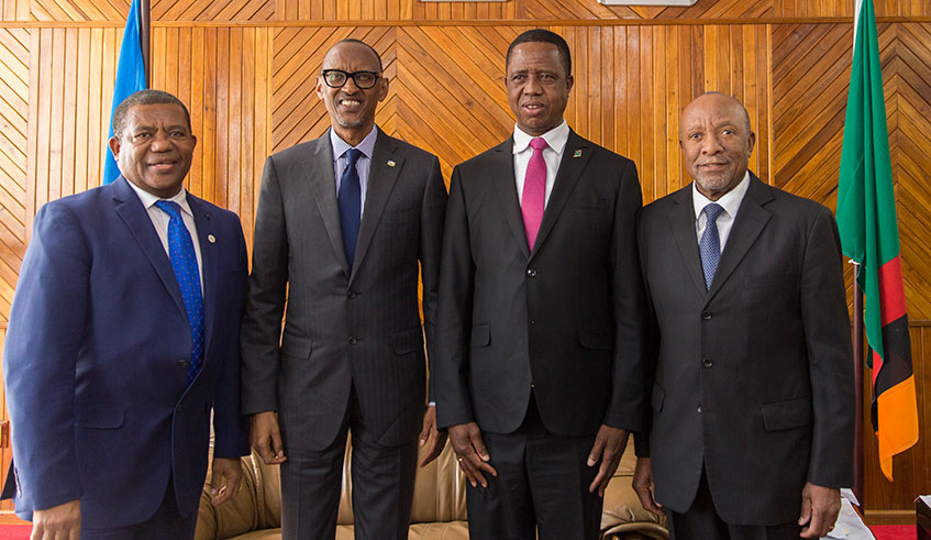 President Paul Kagame and Edgar Lungu,his Zambian counterpart (middle) during the inauguration of the SDG Centre for the southern Africa sub-region in Lusaka yesterday. They are flanked by Dr. Belay Begashaw, the Director General of SDGC/A and Nangolo Mbumbahe the Vice President of Namibia. President Kagame said that with just a decade left to the deadline for the global goals, time is not on the side of Africans to ensure the set goals are achieved. Village Urugwiro.