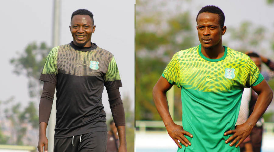 AS Kigali's midfielder Haruna Niyonzima (right) and goalkeeper Eric Ndayishimiye 'Bakame' will not play the first leg match against Kinondoni Municipal Council football club on Saturday. / File