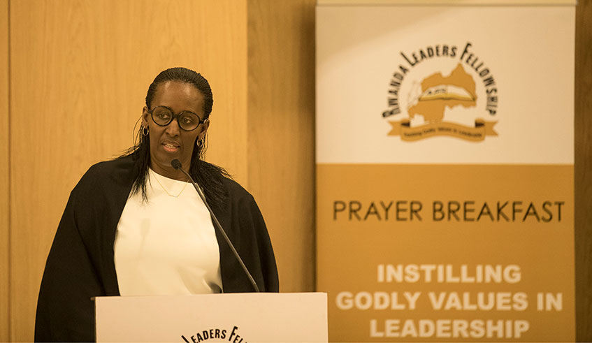 First Lady Jeannette Kagame delivers her remarks at the Prayer Breakfast event organised by the Rwanda Leaders Fellowship at Kigali Marriott Hotel yesterday. Courtesy. 