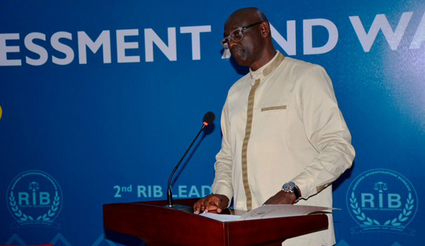Justice Minister Johnston Busingye speaks during the opening ceremony of RIBu2019s three-day retreat in Nyamata. Courtesy.