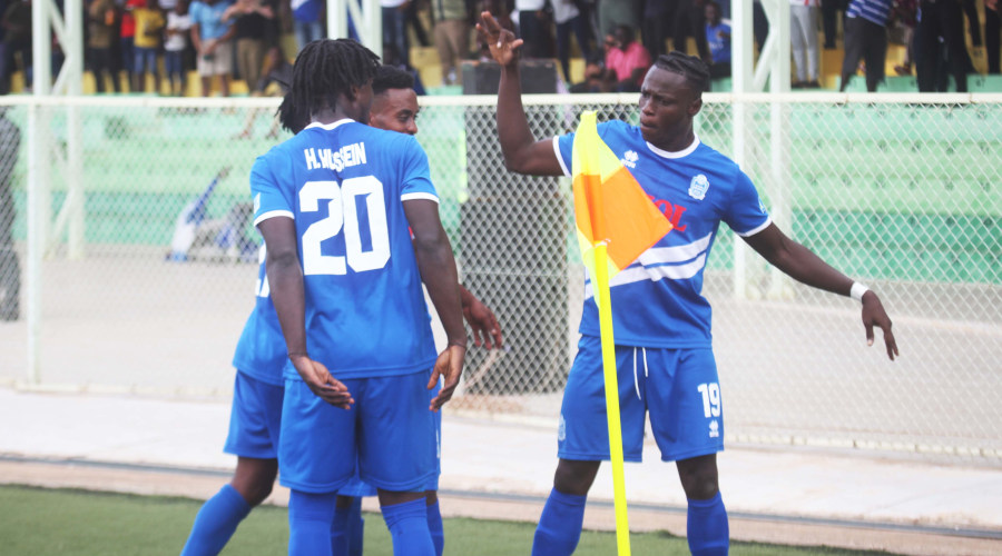 Rayon Sportsu2019 goal scorer Sarpong Micheal (right) celebrates with his teammates during a 1-1 draw with Al Hilal at Kigali Stadium yesterday. / Sam Ngendahimana