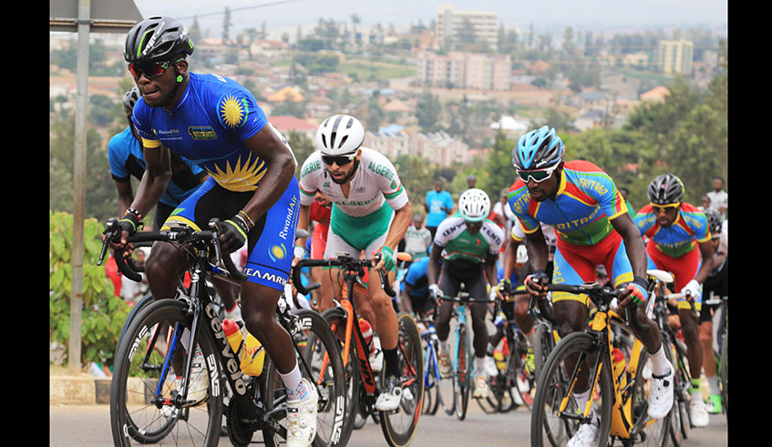 Rwandan rider Joseph Areruya leads the peloton during African Road Race Championship in Rwanda,He is among athletes who will represent Rwanda in Morocco during All Africa Games. Sam Ngendahimana.